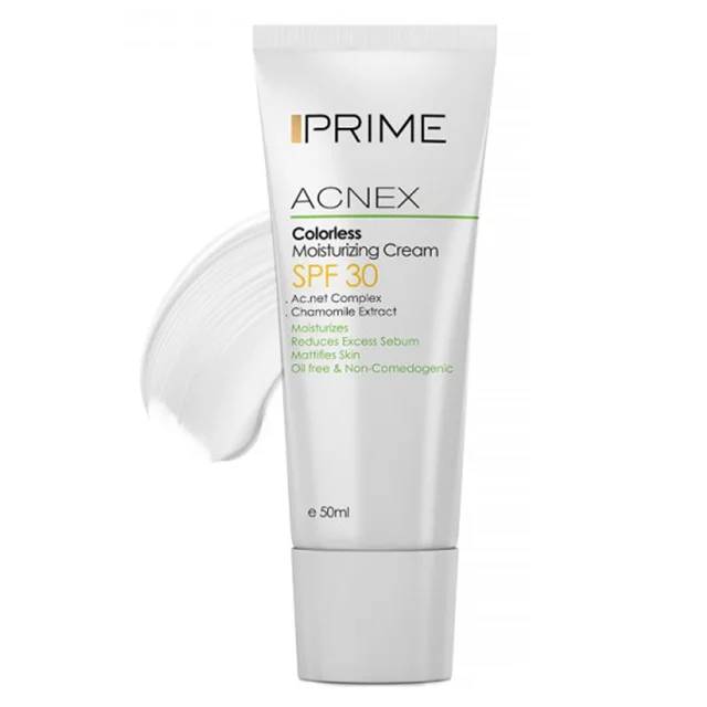 کرم مرطوب کننده بی رنگ ACNEX فاقد چربی SPF30 پرایم حجم 50 میلی لیتر