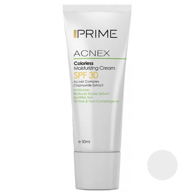 کرم مرطوب کننده بی رنگ ACNEX فاقد چربی SPF30 پرایم حجم 50 میلی لیتر