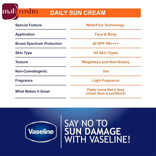 کرم ضد آفتاب بی‌رنگ تیوپی وازلین مدل Daily Sun با SPF50 حجم 50 میلی لیتر