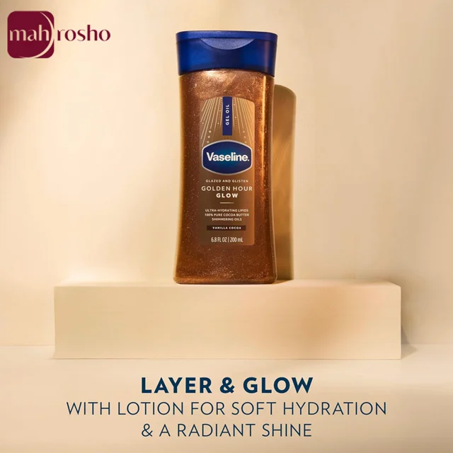ژل روغن بدن شاین دار وازلین مدل Golden Hour Glow با رایحه وانیل کاکائو حجم 200 میلی لیتر