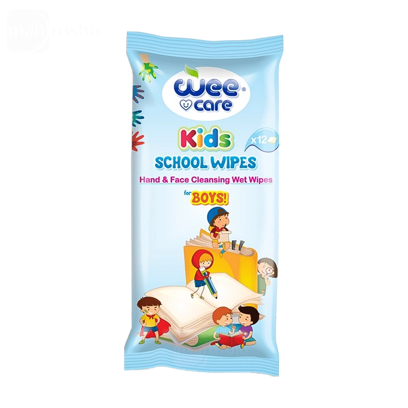دستمال مرطوب جیبی و پاک کننده دست و صورت کودک مدرسه وی کر پسرانه مدل Kids آبی تعداد 12 برگی
